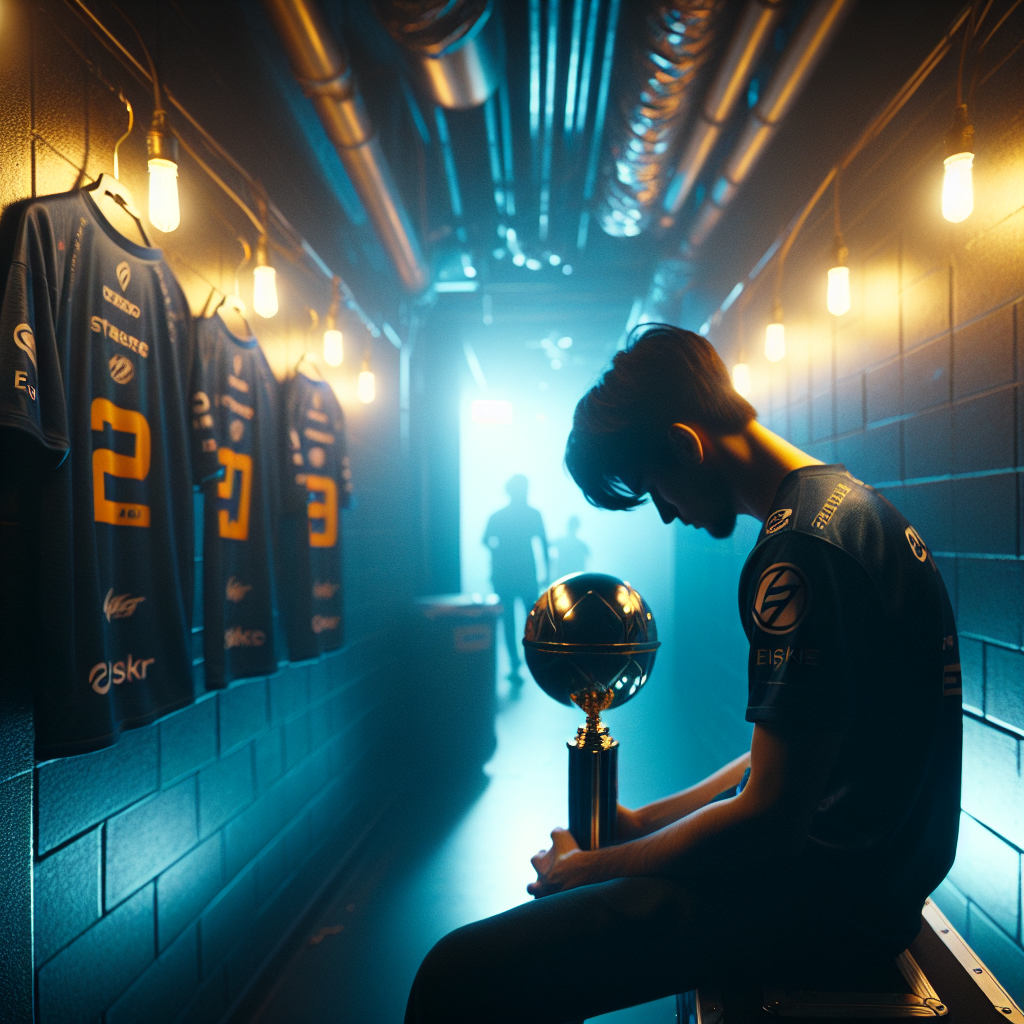 Symboliczny kadr presji MVP: samotny gracz esportowy, zaplecze sceny, trofeum.